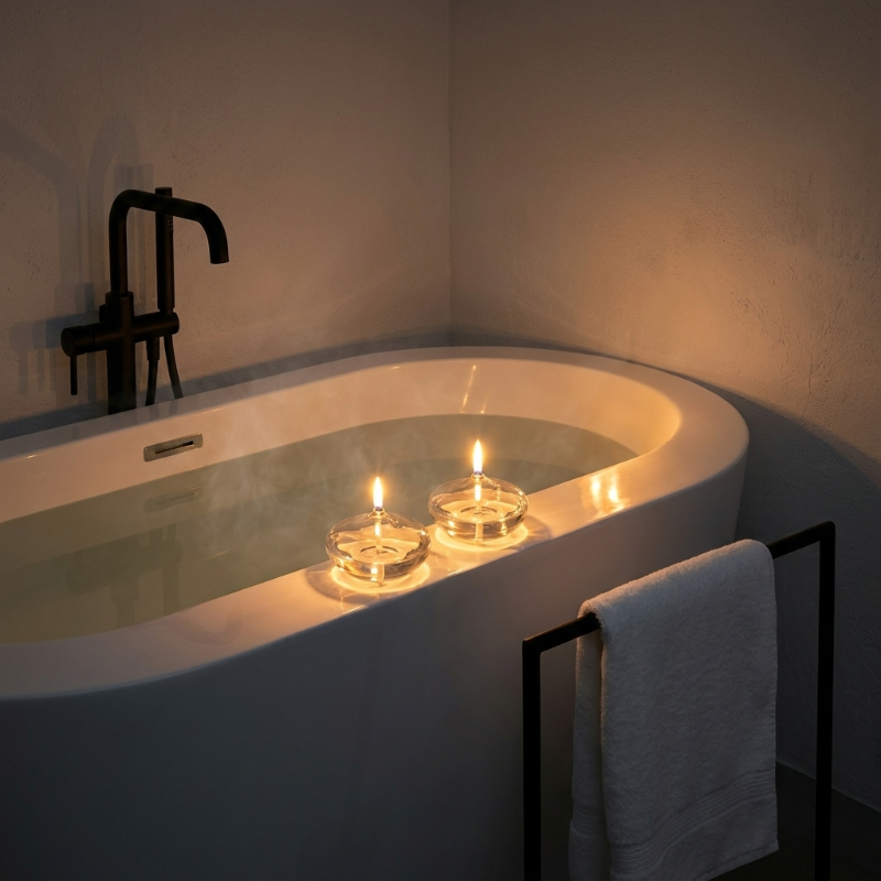 Glass oil candles floating in bathtub in spa-like setting