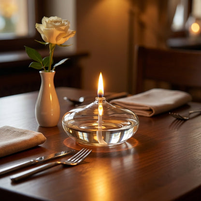 Glass oil candle on wooden table with white rose