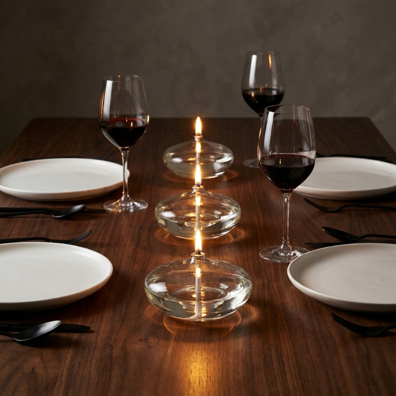 Glass oil candle on dining table beside wine glasses