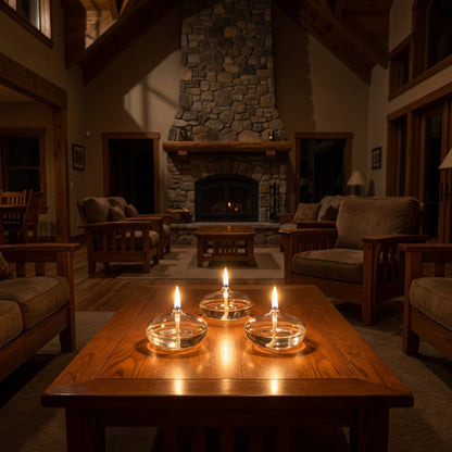 Cozy living room with stone fireplace, wooden furniture, and lit candles on a table.