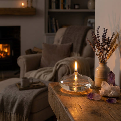 Glass oil candle on table in front of fireplace