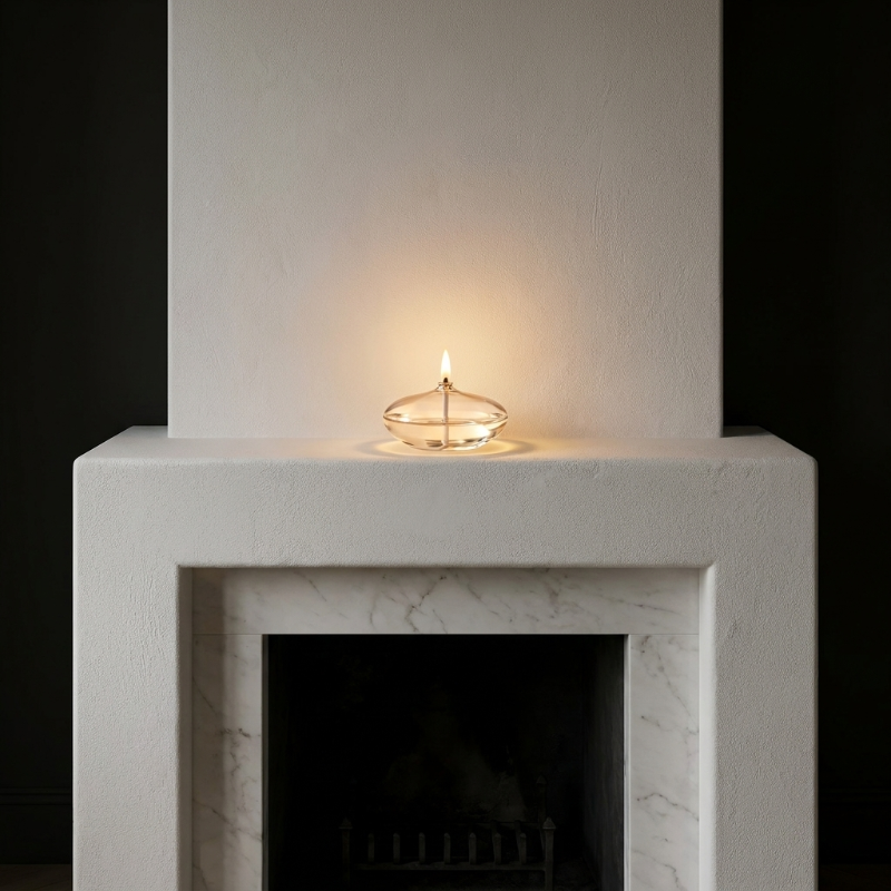 Glass oil candle glowing on white fireplace mantel
