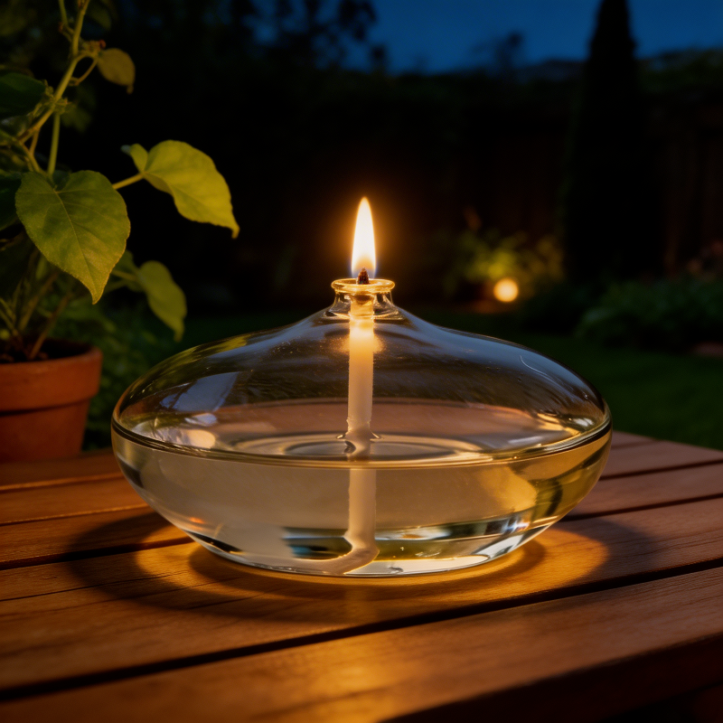 Glass oil candle glowing outdoors on wooden table at night