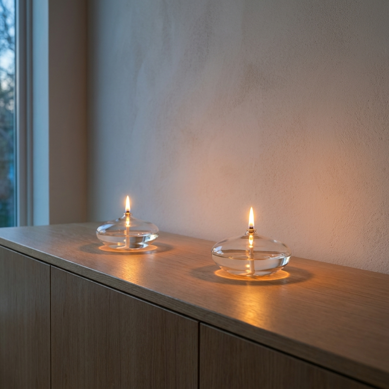 Glass oil candles on windowsill in evening light