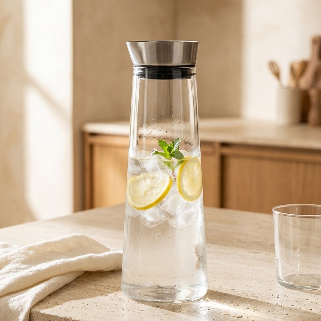 Glass pitcher filled with lemon slices and mint water on a kitchen counter