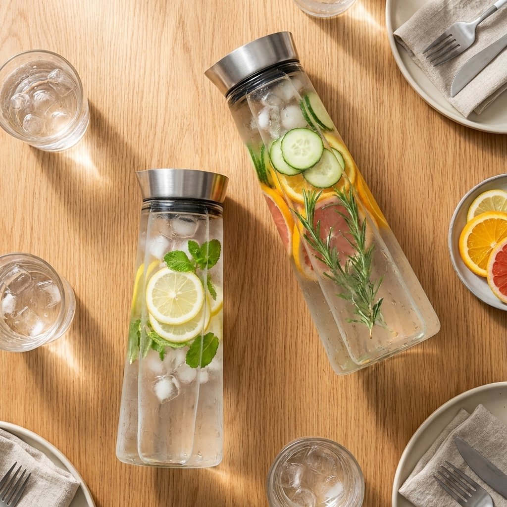 Overhead view of two glass pitchers filled with citrus and herb infused water on a set table