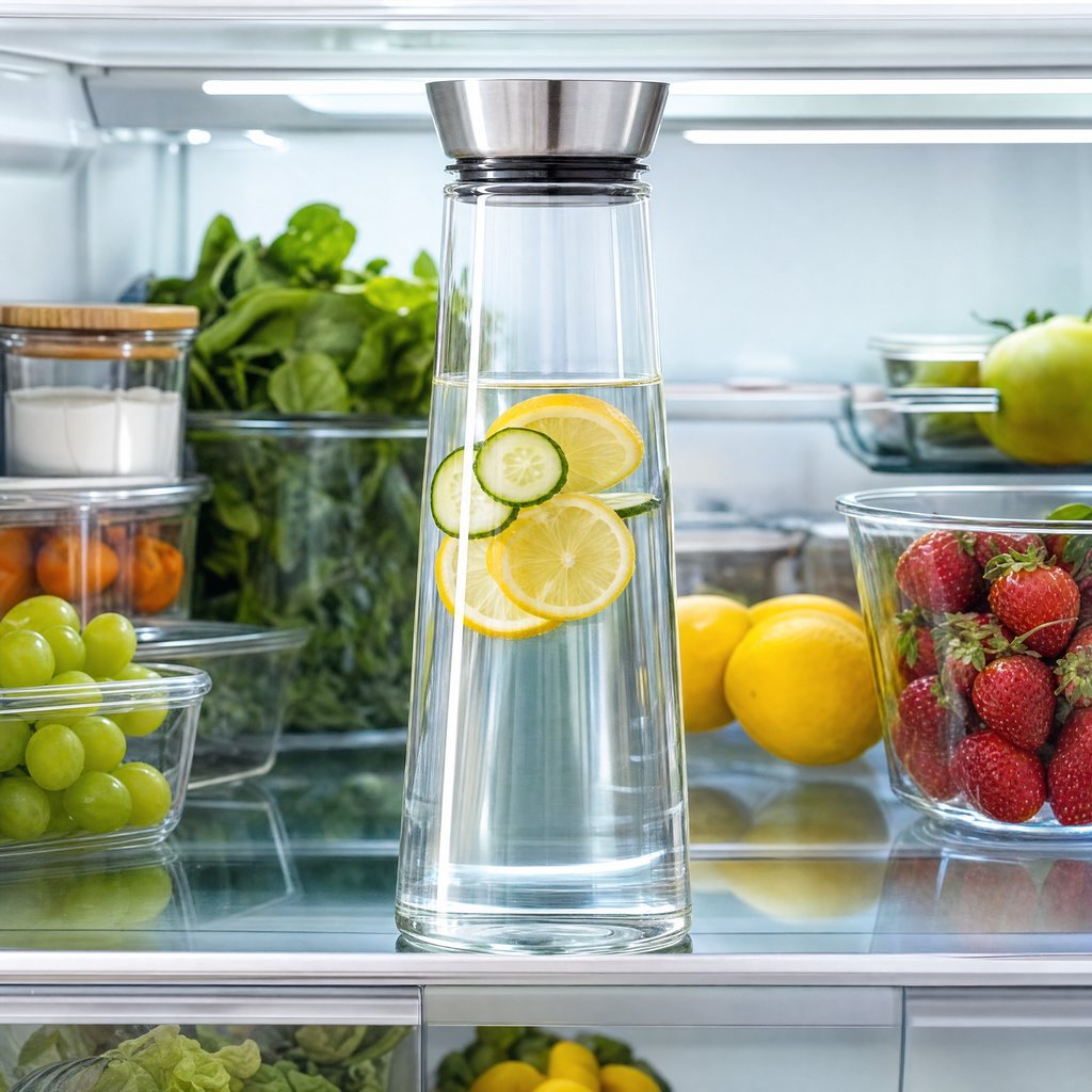 Glass pitcher filled with lemon and cucumber slices on a refrigerator shelf