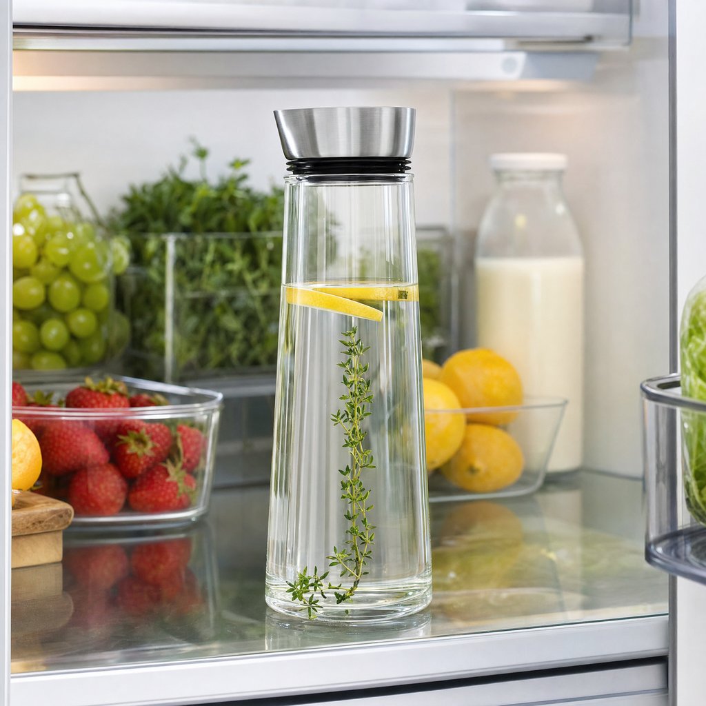Glass pitcher filled with water, a lemon peel twist, and thyme on a refrigerator shelf