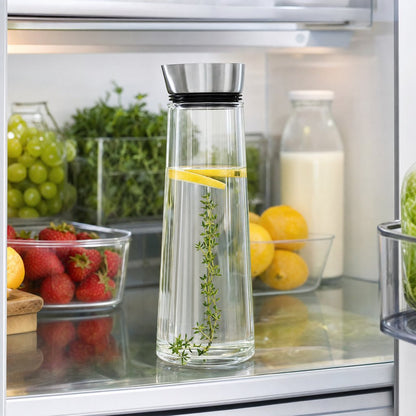 Glass pitcher filled with water, a lemon peel twist, and thyme on a refrigerator shelf