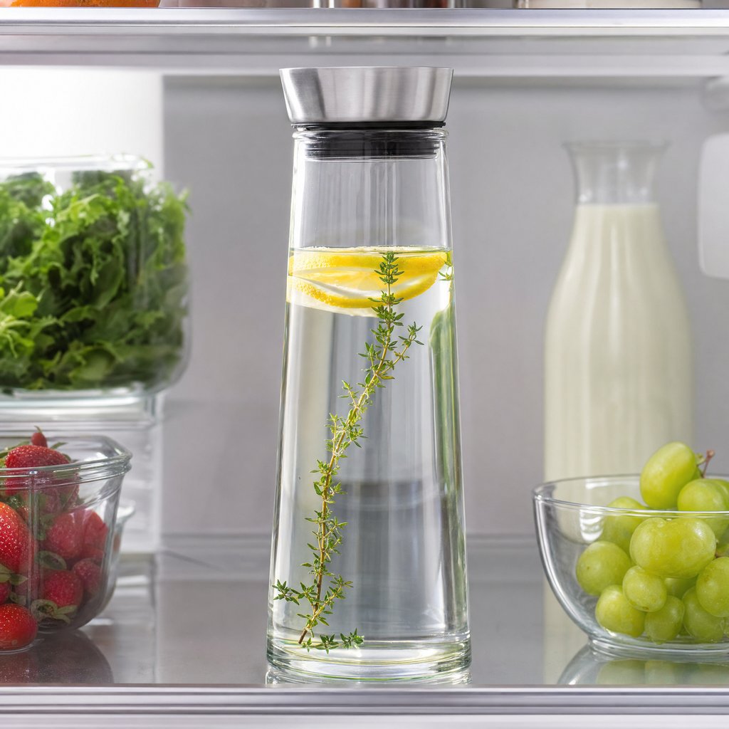 Glass pitcher filled with lemon slices and thyme on a refrigerator shelf