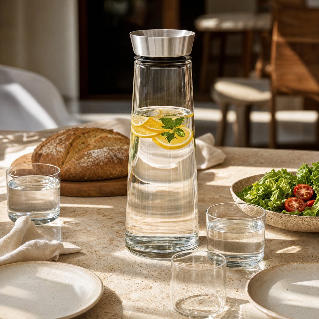 Glass pitcher filled with lemon and mint water on an outdoor dining table set with bread and salad