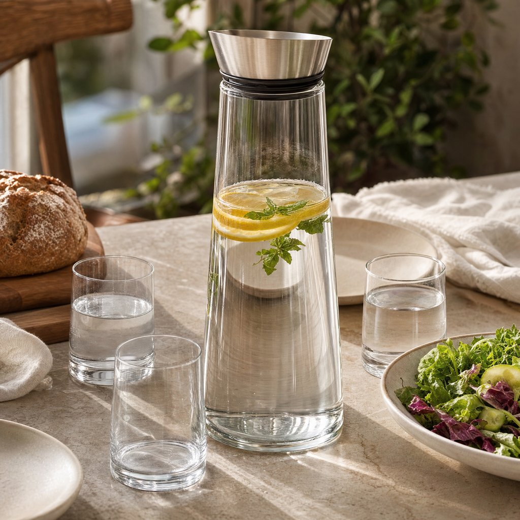 Glass pitcher filled with lemon and mint water on an outdoor patio table with bread and salad