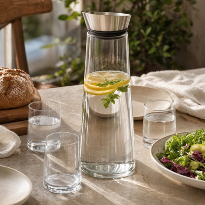 Glass pitcher filled with lemon and mint water on an outdoor patio table with bread and salad