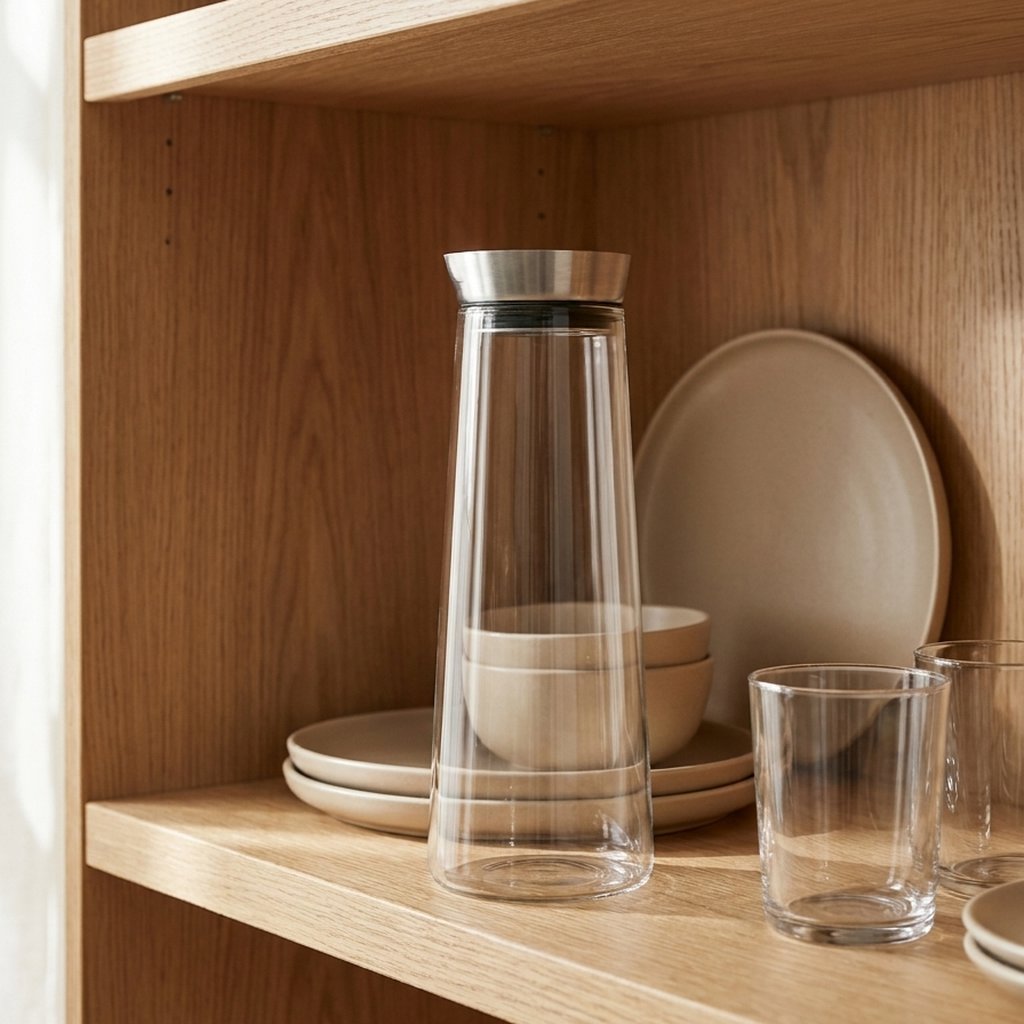 Empty glass pitcher on a wooden shelf beside stacked plates and glasses