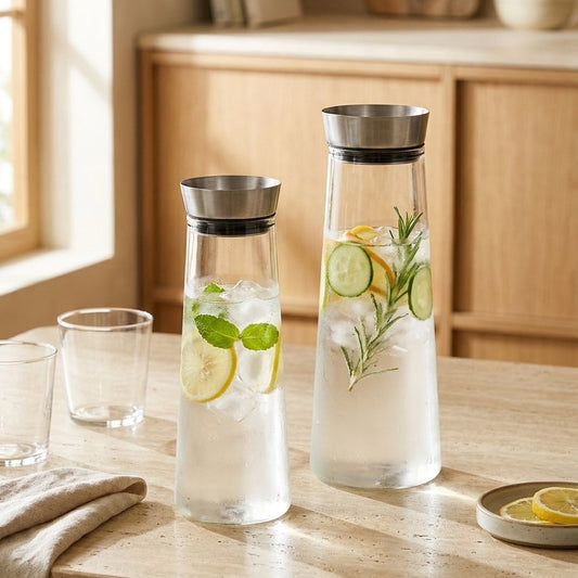 Two glass pitchers of different sizes filled with lemon and herb infused water on a kitchen table, showing size comparison