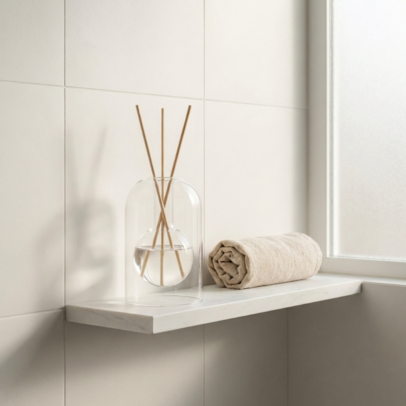 Glass reed diffuser on a bathroom shelf.