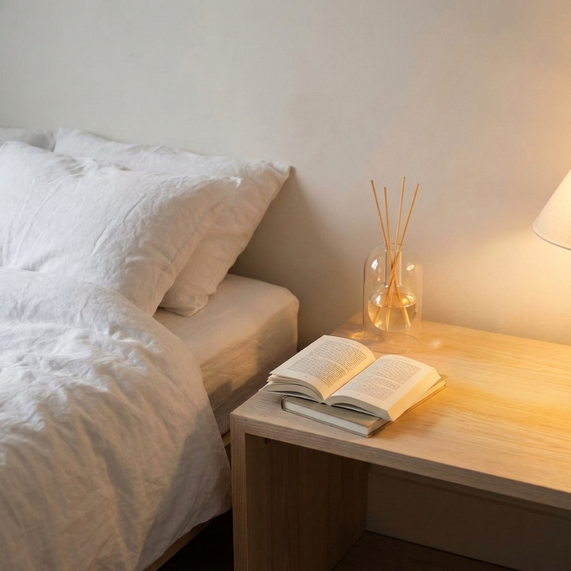 Clear glass reed diffuser for non-toxic bedroom aromatherapy.