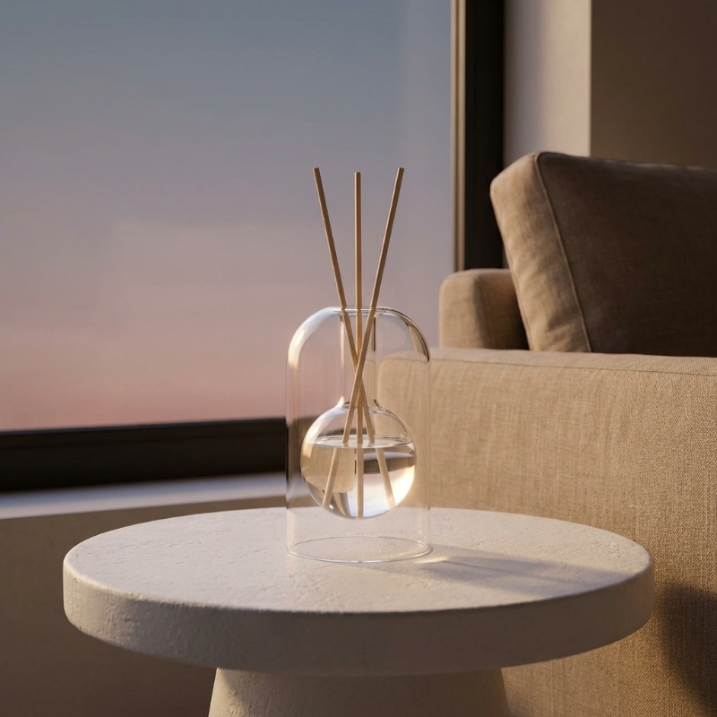 Glass reed diffuser styled in living room.