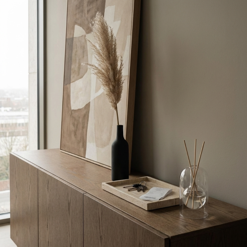 Glass reed diffuser on a console shelf.
