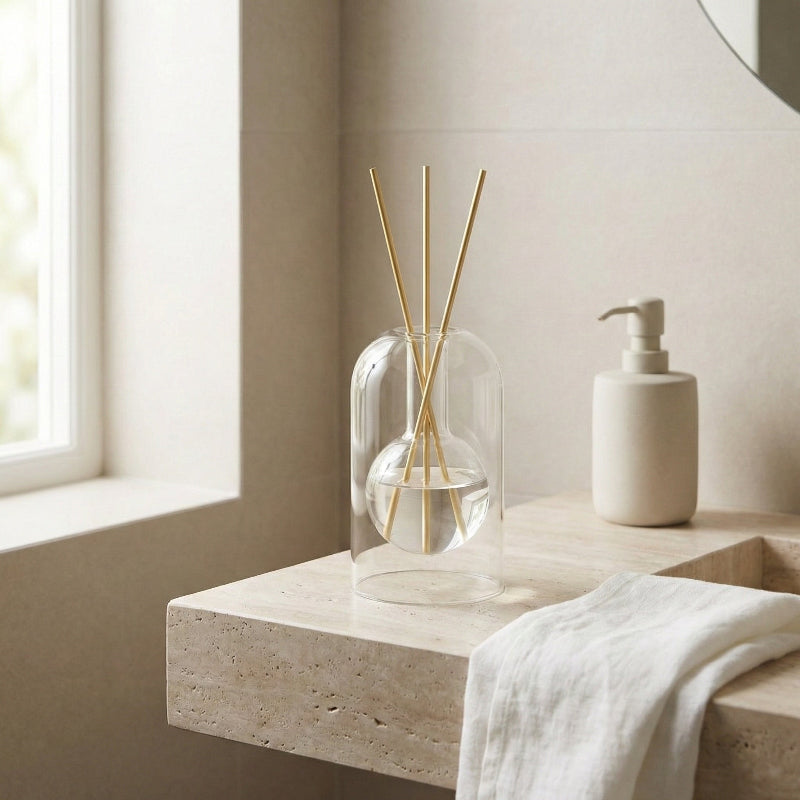 Decorative diffuser with reeds and a bottle on a windowsill