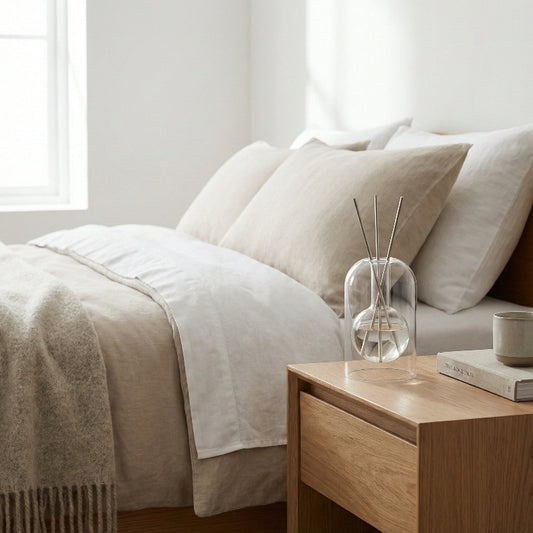 Neatly made bed with beige and white bedding, wooden nightstand with decorative items.