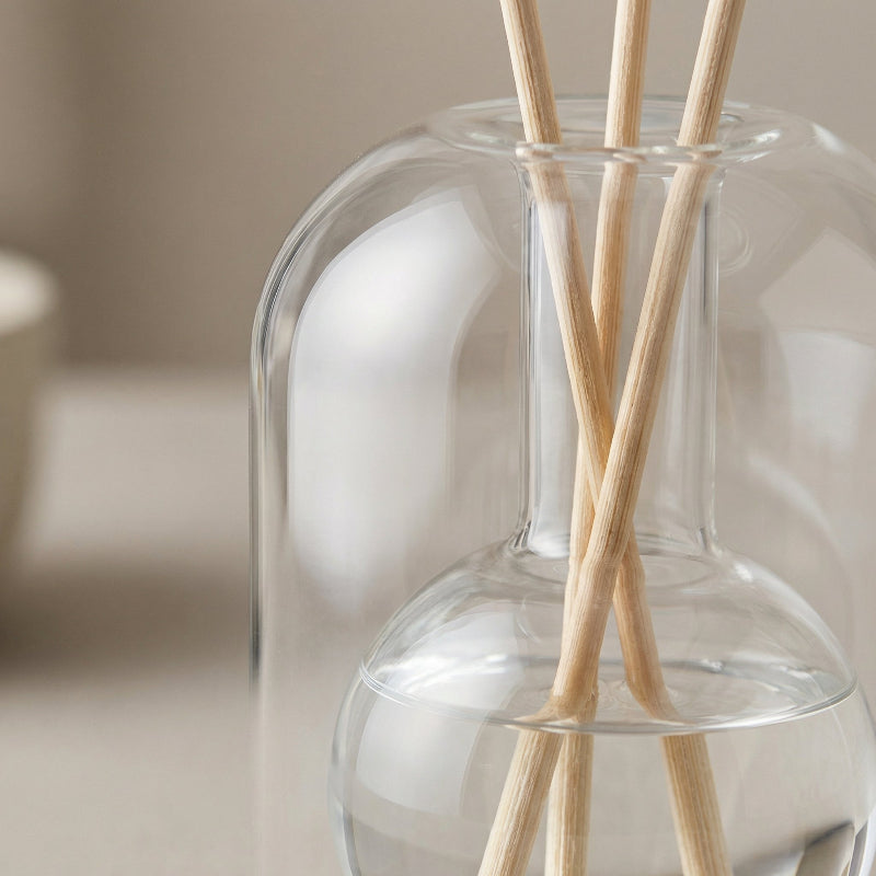 Clear glass diffuser bottle with wooden sticks on a neutral background