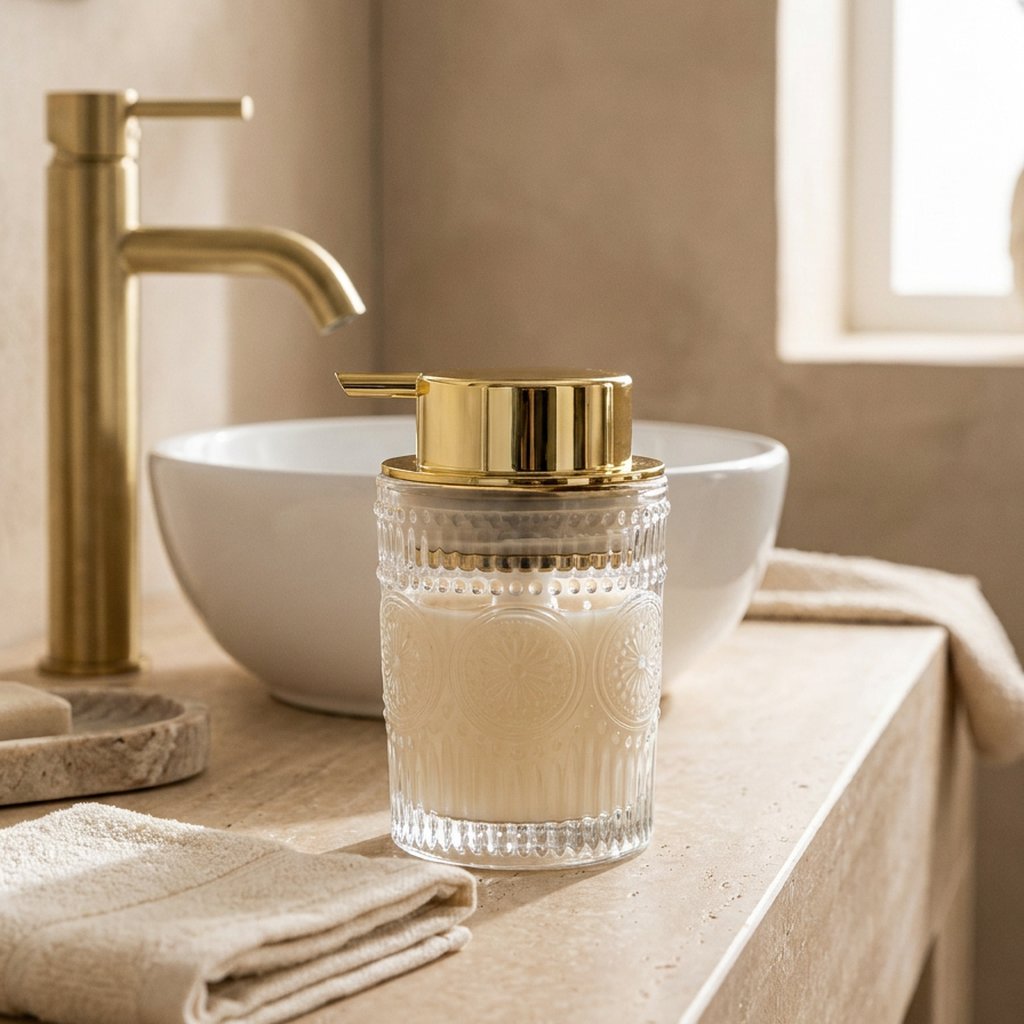 Small clear glass soap dispenser with cream soap and a gold pump beside a white vessel sink and tall brass faucet