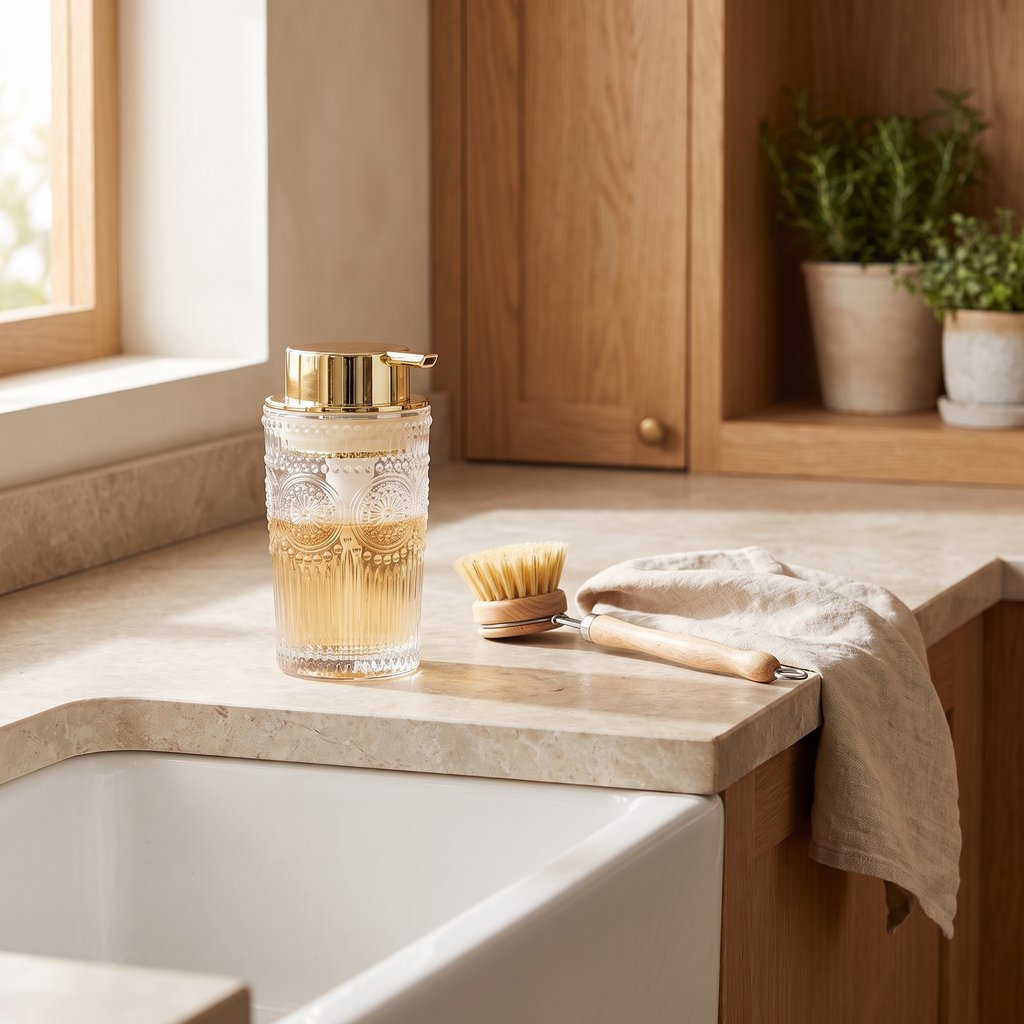 Clear glass soap dispenser with amber soap and a gold pump beside a farmhouse sink with a dish brush and linen towel
