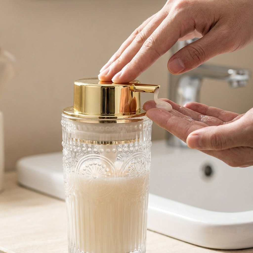 Hand pressing the gold pump of a clear glass soap dispenser while the other hand catches cream soap over a white sink