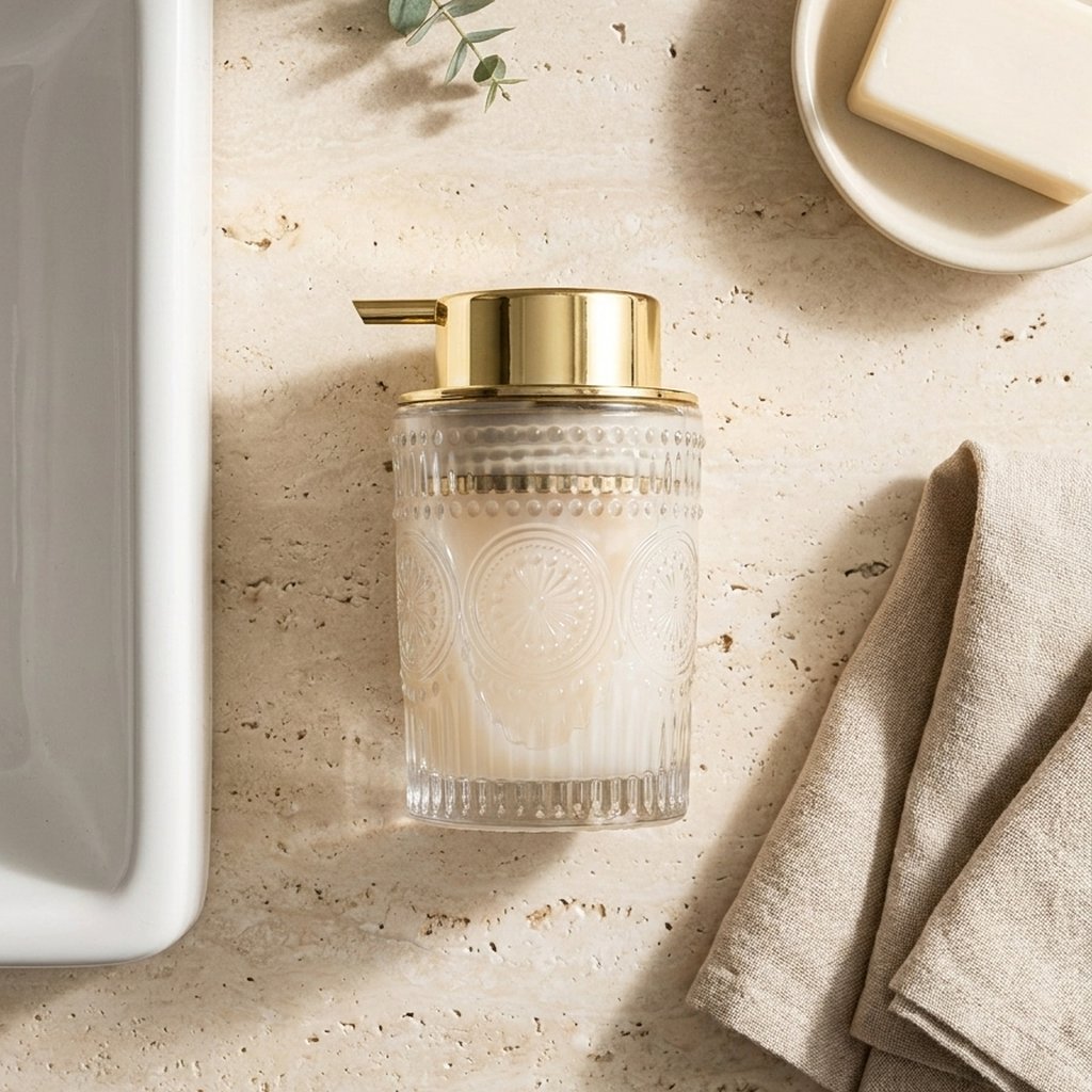 Clear glass soap dispenser with a gold pump on a travertine counter beside a soap dish holding a bar of soap and a eucalyptus sprig