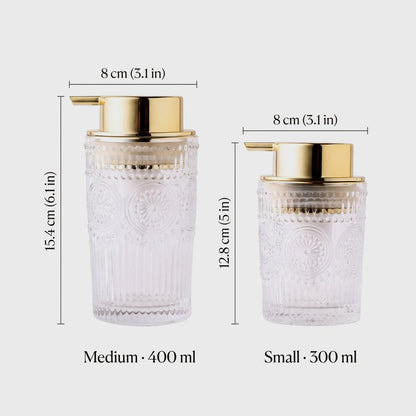 Dimensions graphic of the Medium and Small glass soap dispensers with gold pumps, labeled 15.4 cm (6.1 in) and 12.8 cm (5 in) tall, 8 cm (3.1 in) wide, 400 ml and 300 ml capacity
