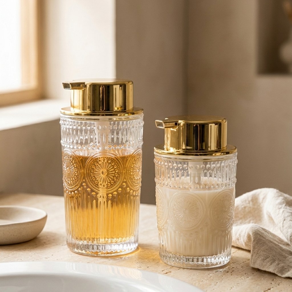 Two clear embossed glass soap dispensers with gold pumps, the taller one filled with amber soap and the shorter with cream soap, on a travertine-look counter beside a window and linen towel