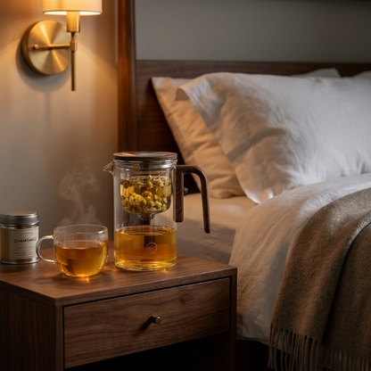 Glass tea infuser teapot on bedside table in softly lit bedroom