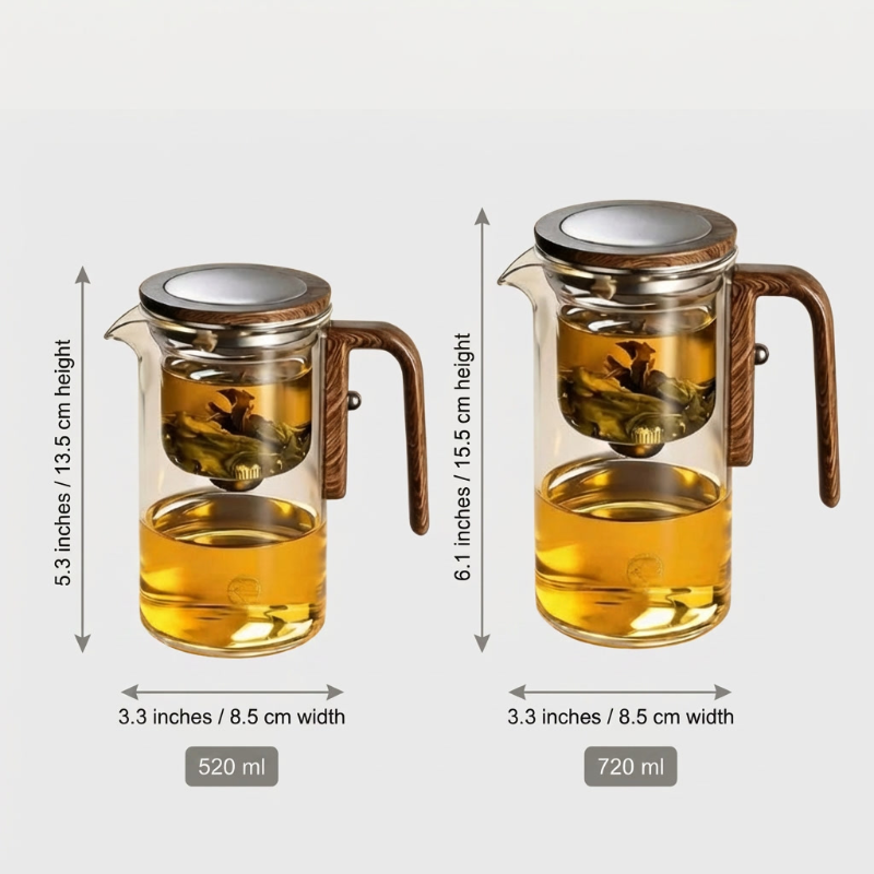 Glass tea infuser teapot shown in two size options