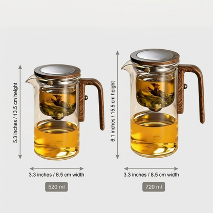Glass tea infuser teapot shown in two size options