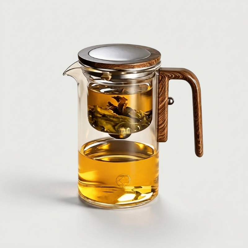 Glass tea infuser teapot on white background