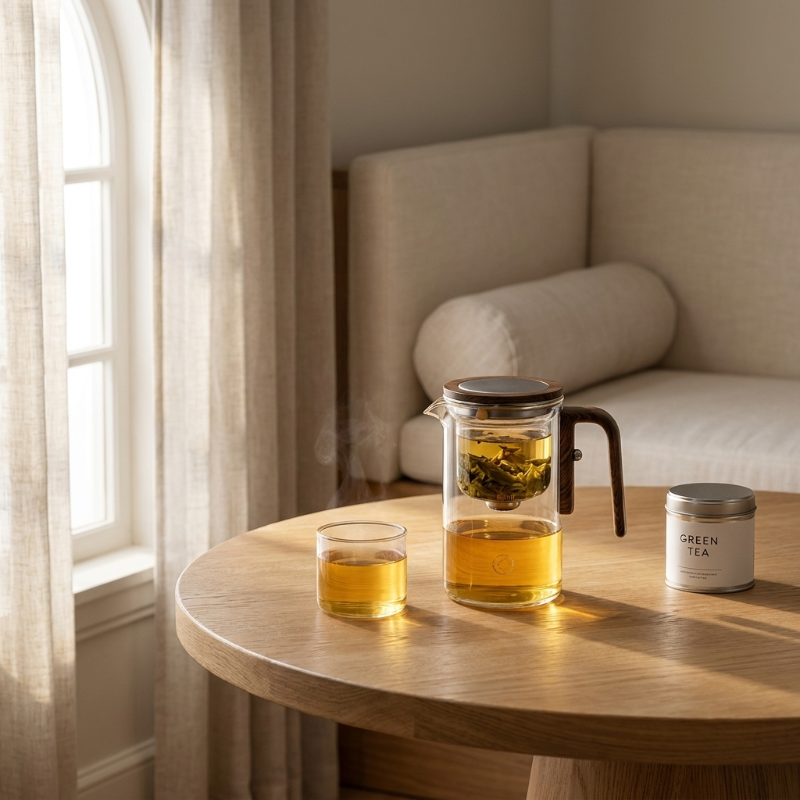 Glass tea infuser teapot on round coffee table in bright living room