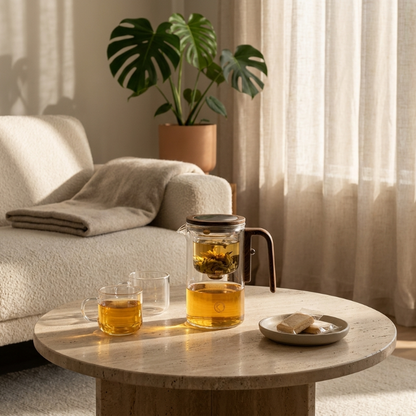 Glass tea infuser teapot on coffee table in neutral living room