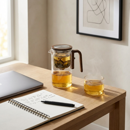 Glass tea infuser teapot on desk beside notebook