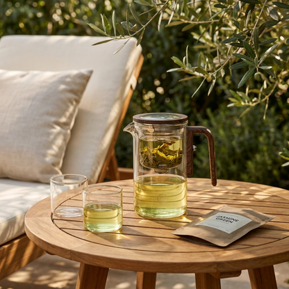 Glass tea infuser teapot on outdoor side table with greenery