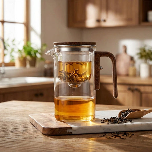 Glass tea infuser teapot with amber tea on wooden table in bright kitchen