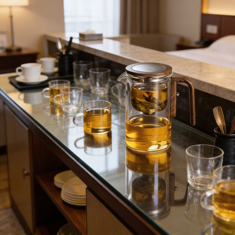 Glass teapot with brewed tea ready for service