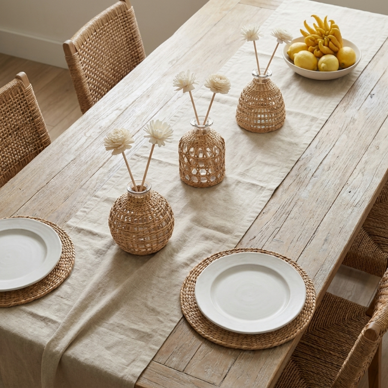 Glass vases with woven rattan on dining table with dried stems