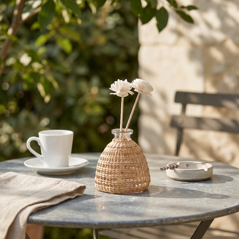 Glass vase with woven rattan on outdoor table in natural light
