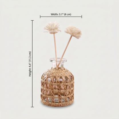 Glass vase with woven rattan dimensions graphic on white background