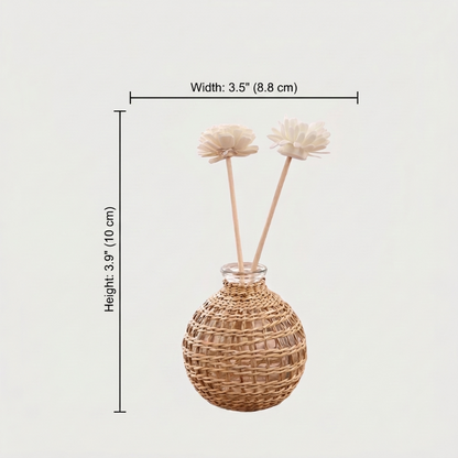 Glass vase with woven rattan on white background