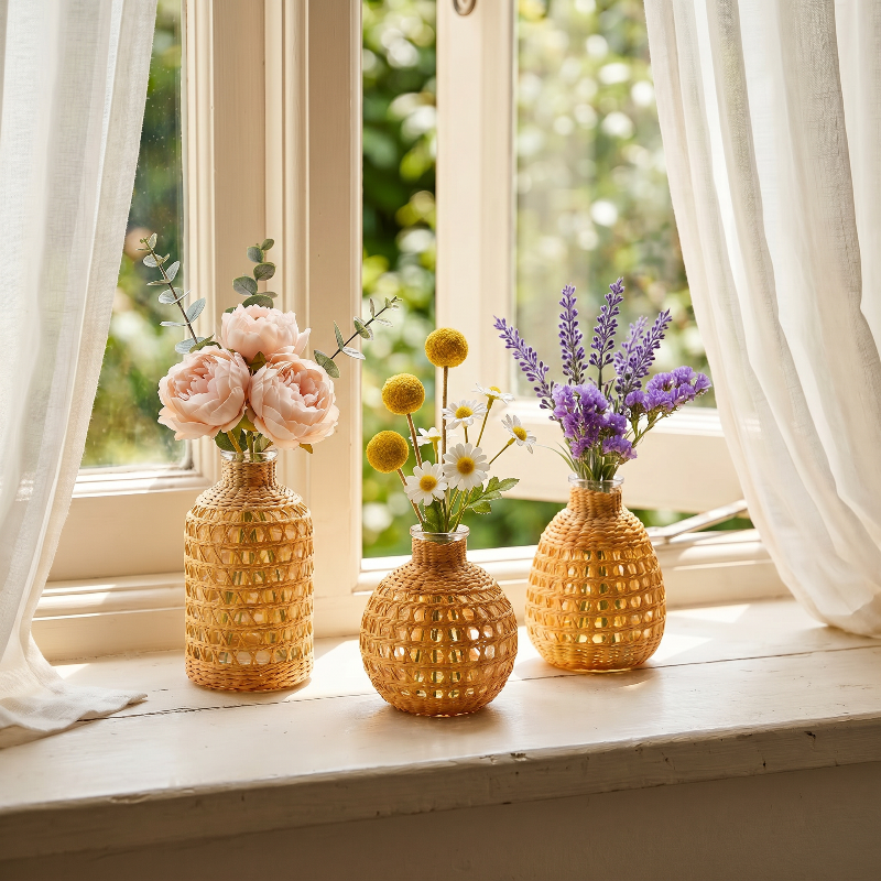 Glass vases with woven rattan on windowsill with flowers