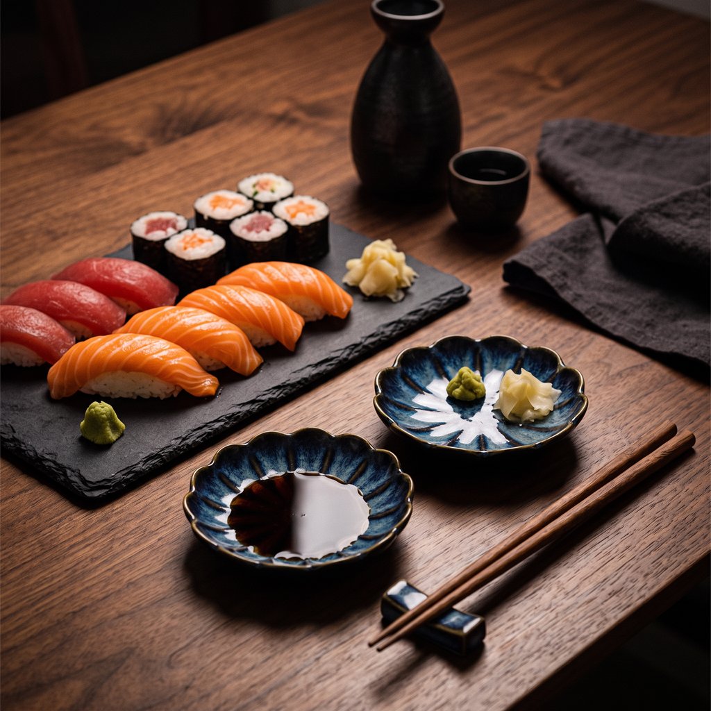 Two navy blue glazed ceramic dishes with white streaks, one holding soy sauce and one holding wasabi and pickled ginger, on a walnut table beside a slate board of sushi