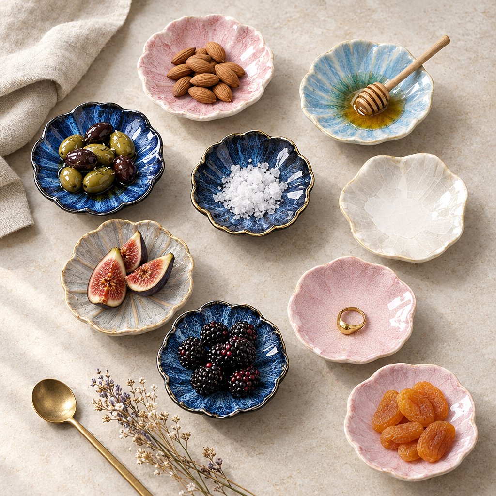 Nine glazed ceramic dishes with scalloped flower-shaped rims in pink, navy, blue, pale teal, ivory and taupe, holding almonds, apricots, olives, blackberries, salt, honey with a wooden dipper and fig halves on a beige stone surface