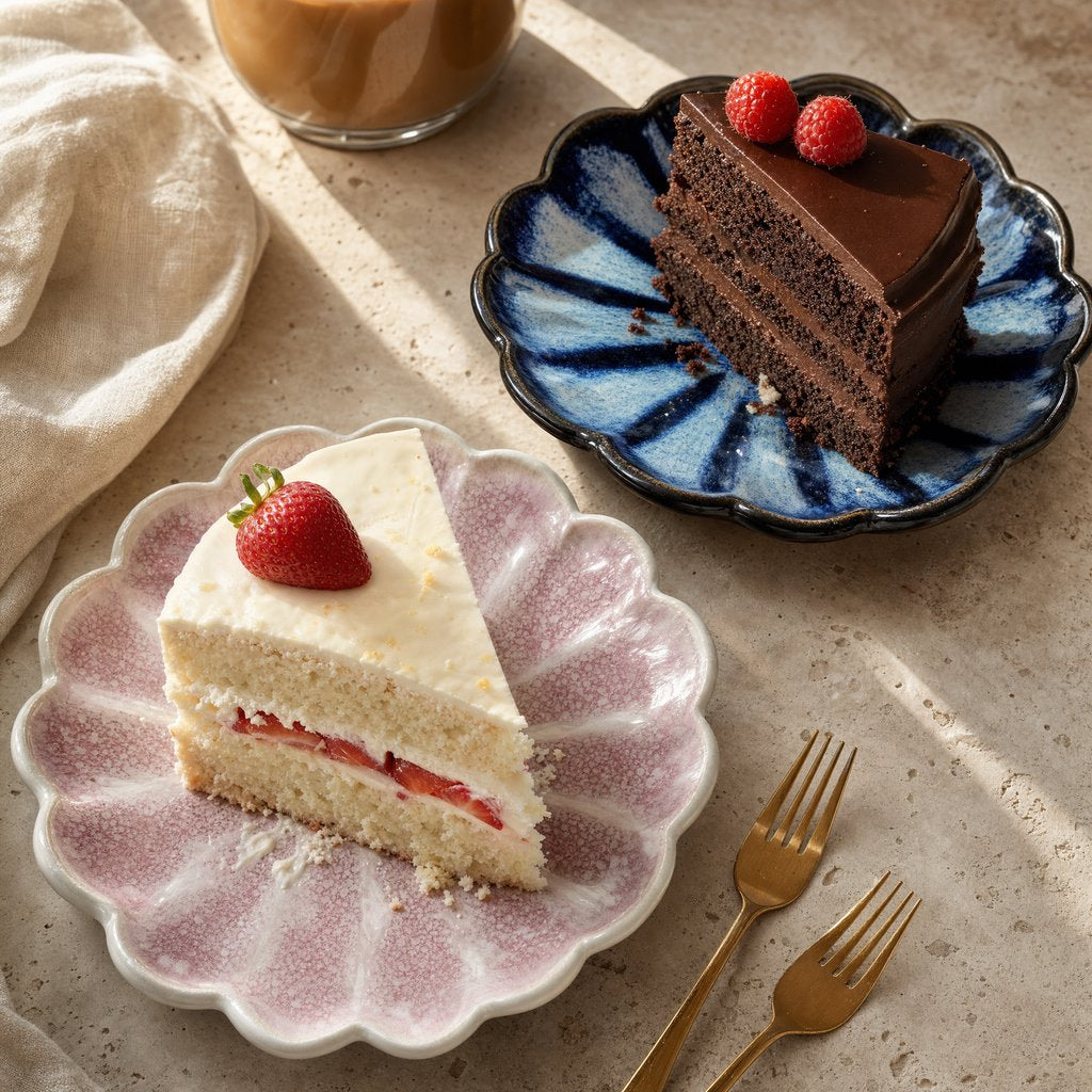 Two plates, a pink glazed one with a slice of strawberry layer cake and a navy one with a slice of chocolate cake, with two gold forks on a beige stone surface